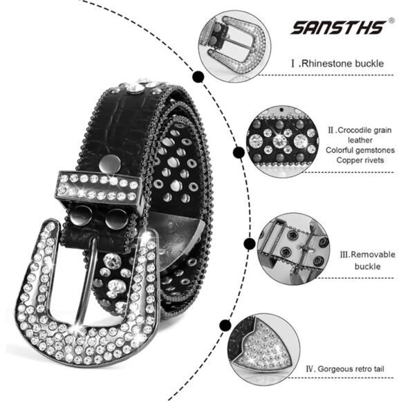Women Rhinestone Belt for Jeans, Men Western Cowgirl Bling Studded Belt Faux main image 4
